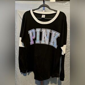 Victoria's Secret Pink Bling Iridescent Varsity Long Sleeve Tee Shirt Size M